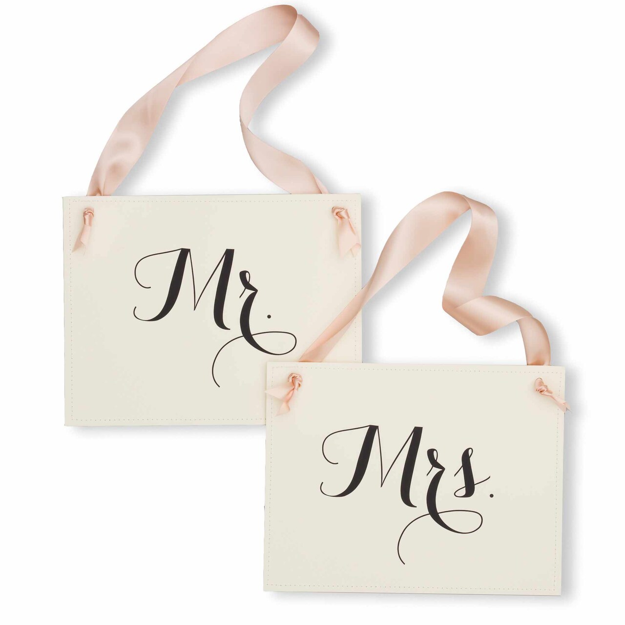 Ritzy Rose Mr. and Mrs. Chair signs - Black on 11x8in White Linen Cardstock with Blush Pink Ribbon